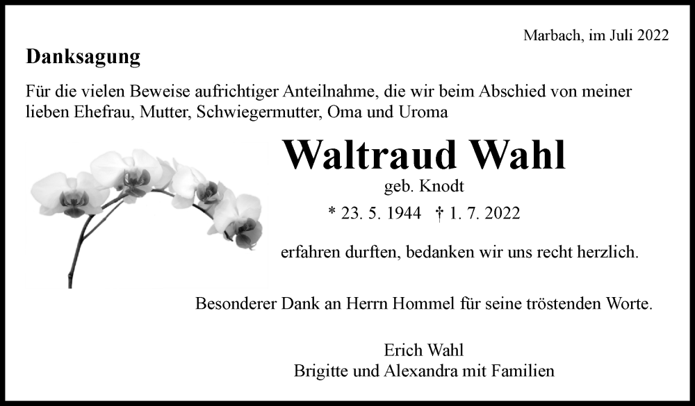  Traueranzeige für Waltraud Wahl vom 27.07.2022 aus Marbacher Zeitung
