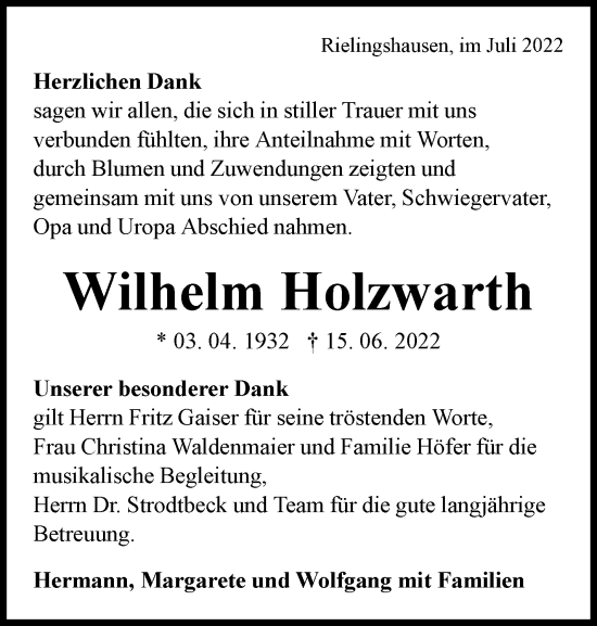 Traueranzeige von Wilhelm Holzwarth von Marbacher Zeitung