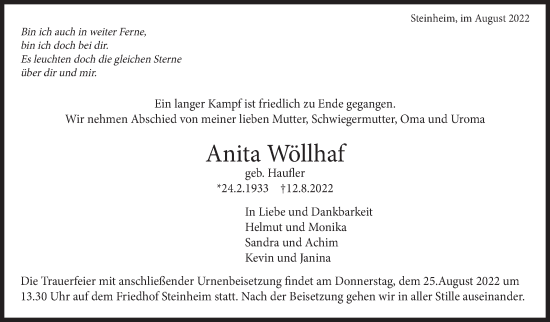 Traueranzeige von Anita Wöllhaf von Marbacher Zeitung