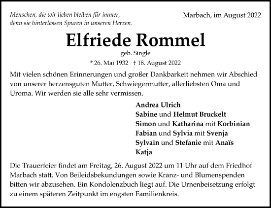 Traueranzeige von Elfriede Rommel von Marbacher Zeitung