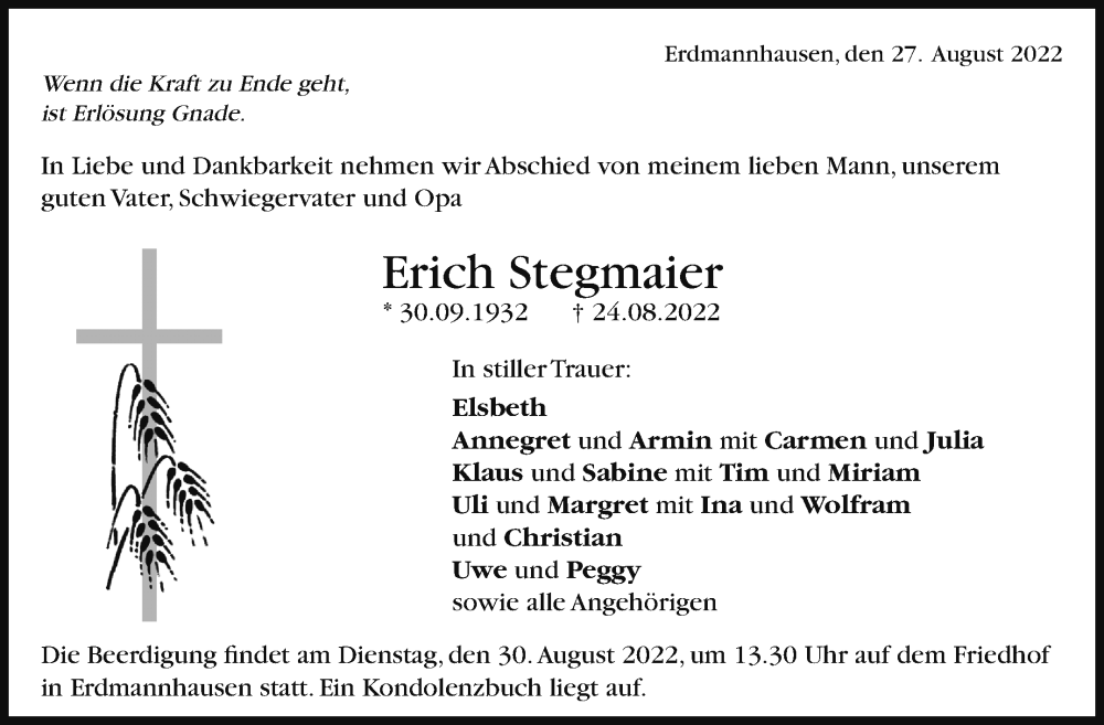  Traueranzeige für Erich Stegmaier vom 27.08.2022 aus Marbacher Zeitung