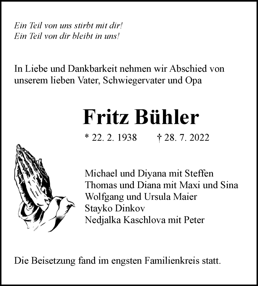  Traueranzeige für Fritz Bühler vom 12.08.2022 aus Marbacher Zeitung