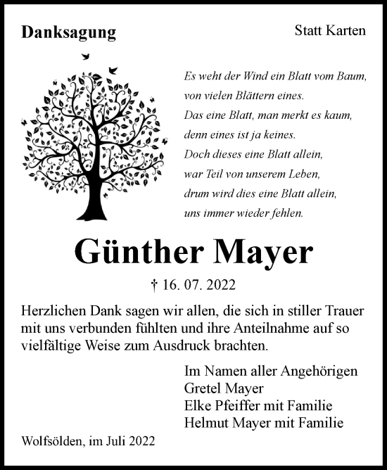 Traueranzeige von Günther Mayer von Marbacher Zeitung