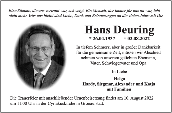 Traueranzeige von Hans Deuring von Marbacher Zeitung