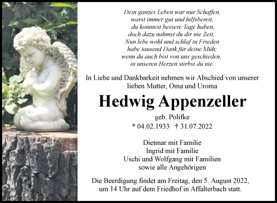Traueranzeige von Hedwig Appenzeller von Marbacher Zeitung