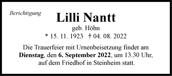 Traueranzeige von Lilli Nantt von Marbacher Zeitung