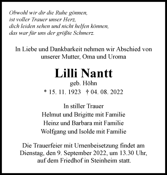 Traueranzeige von Lilli Nantt von Marbacher Zeitung