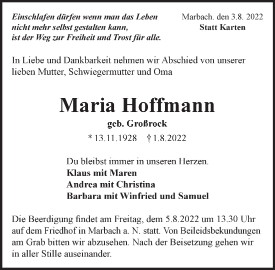 Traueranzeige von Maria Hoffmann von Marbacher Zeitung