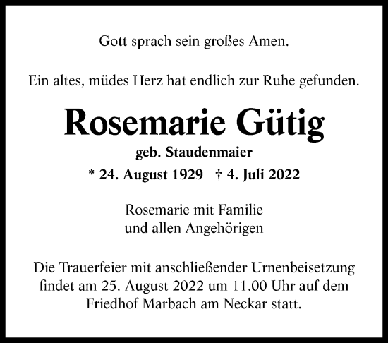 Traueranzeige von Rosemarie Gütig von Marbacher Zeitung
