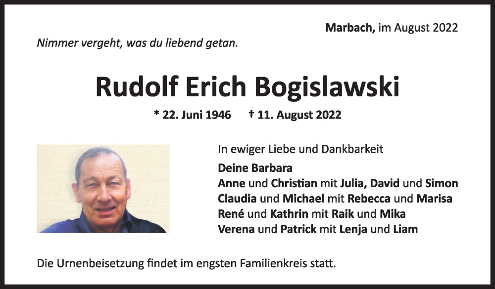  Traueranzeige für Rudolf Erich Bogislawski vom 16.08.2022 aus Marbacher Zeitung