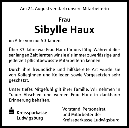 Traueranzeige von Sibylle Haux von Marbacher Zeitung