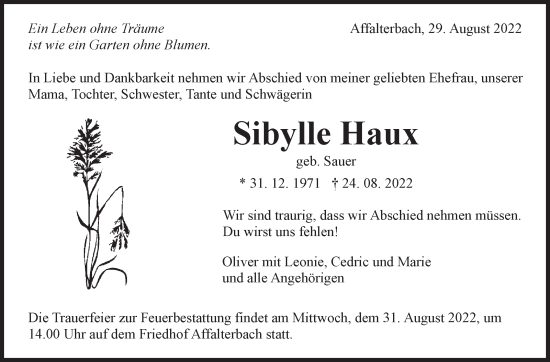 Traueranzeige von Sibylle Haux von Marbacher Zeitung