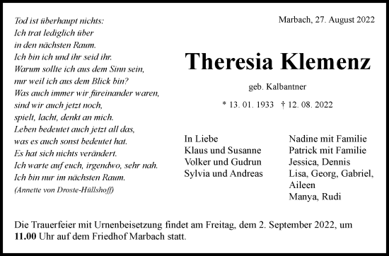 Traueranzeige von Theresia Klemenz von Marbacher Zeitung