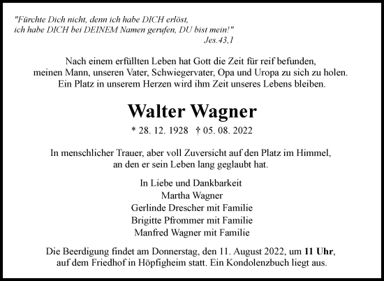 Traueranzeige von Walter Wagner von Marbacher Zeitung