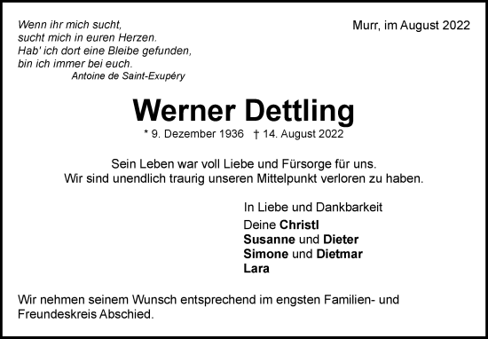 Traueranzeige von Werner Dettling von Marbacher Zeitung