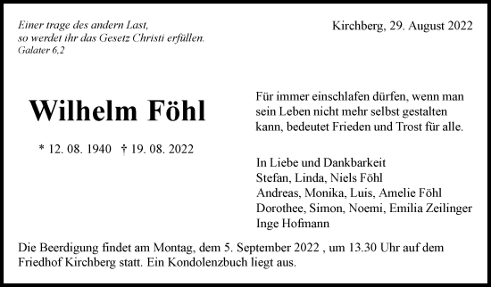 Traueranzeige von Wilhelm Föhl von Marbacher Zeitung