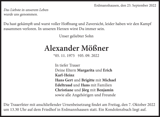Traueranzeige von Alexander Mößner von Marbacher Zeitung