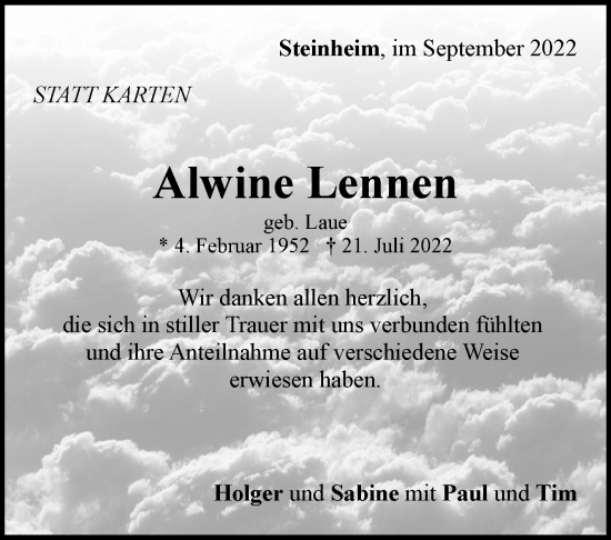 Traueranzeige von Alwine Lennen von Marbacher Zeitung