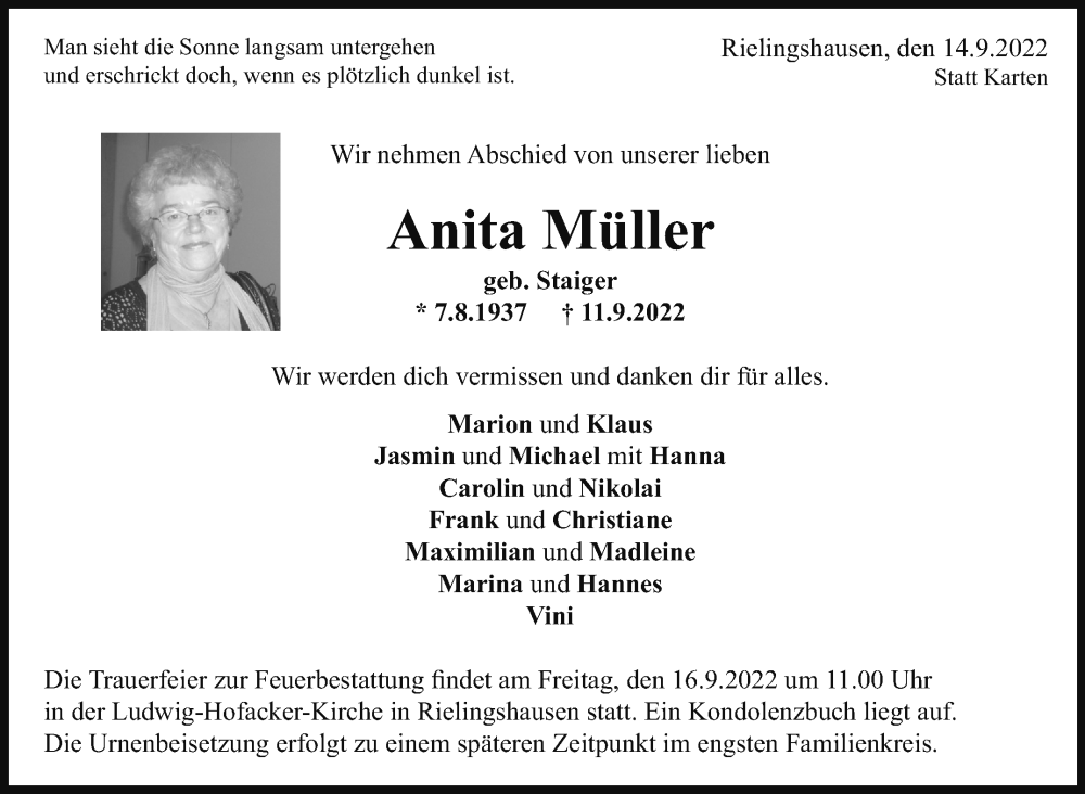  Traueranzeige für Anita Müller vom 15.09.2022 aus Marbacher Zeitung