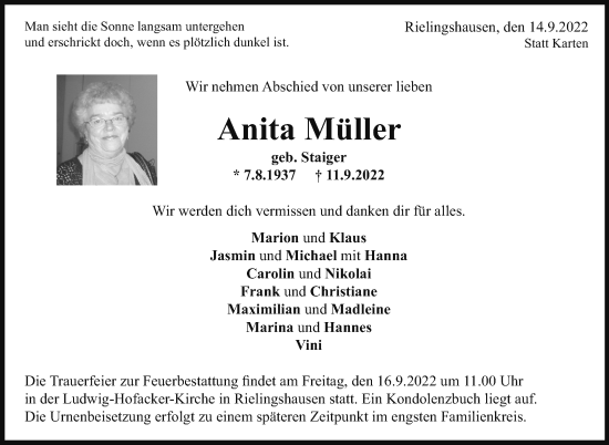 Traueranzeige von Anita Müller von Marbacher Zeitung