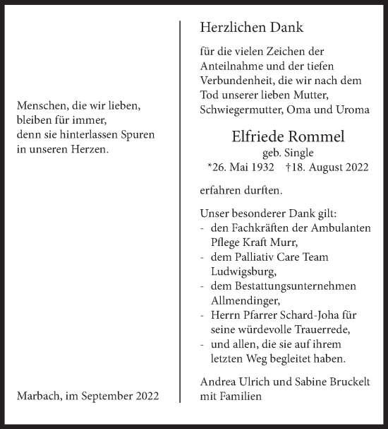 Traueranzeige von Elfriede Rommel von Marbacher Zeitung