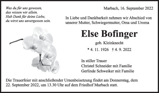 Traueranzeige von Else Bofinger von Marbacher Zeitung