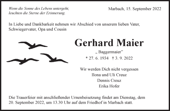 Traueranzeige von Gerhard Maier von Marbacher Zeitung