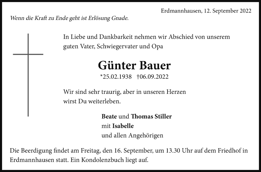 Traueranzeige für Günter Bauer vom 12.09.2022 aus Marbacher Zeitung