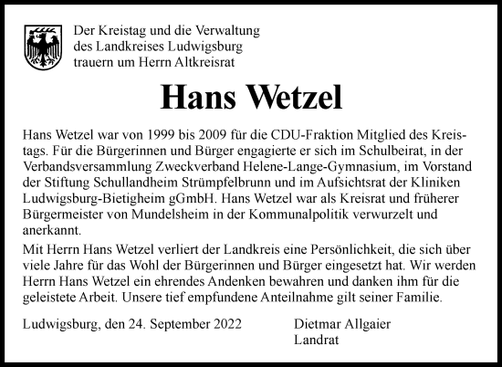 Traueranzeige von Hans Wetzel von Marbacher Zeitung
