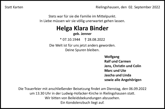 Traueranzeige von Helga Klara  Binder von Marbacher Zeitung