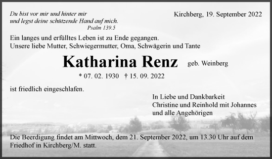 Traueranzeige von Katharina Renz von Marbacher Zeitung