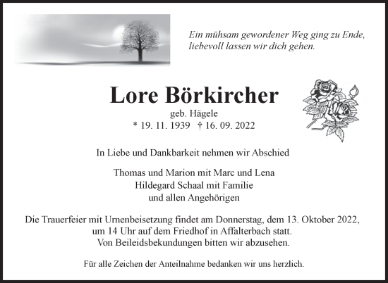 Traueranzeige von Lore Börkircher von Marbacher Zeitung