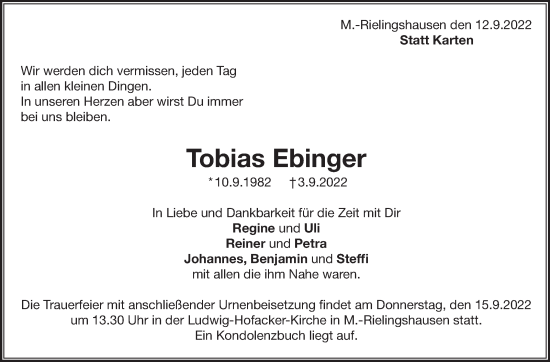 Traueranzeige von Tobias Ebinger von Marbacher Zeitung