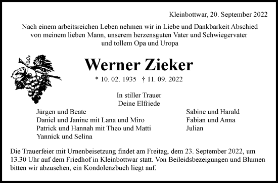 Traueranzeige von Werner Zieker von Marbacher Zeitung