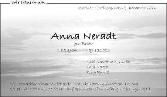 Traueranzeige von Anna Neradt von Marbacher Zeitung