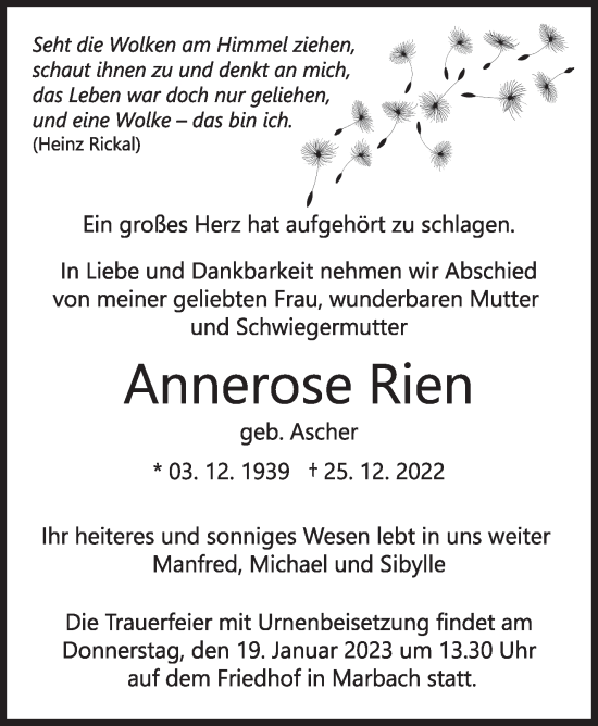 Traueranzeige von Annerose Rien von Marbacher Zeitung