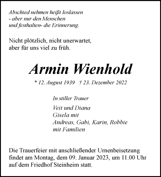 Traueranzeige von Armin Wienhold von Marbacher Zeitung