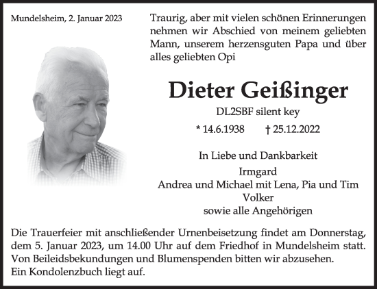 Traueranzeige von Dieter Geißinger von Marbacher Zeitung