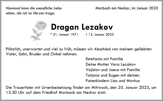 Traueranzeige von Dragan Lezakov von Marbacher Zeitung
