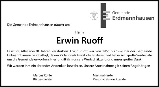 Traueranzeige von Erwin Ruoff von Marbacher Zeitung