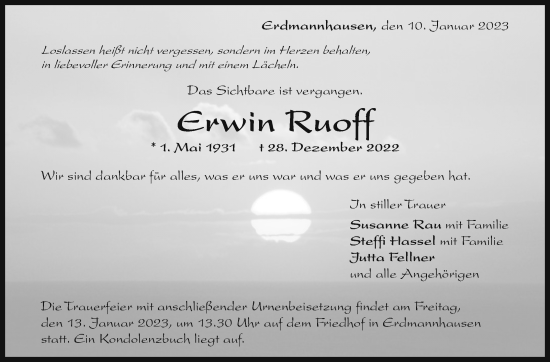 Traueranzeige von Erwin Ruoff von Marbacher Zeitung