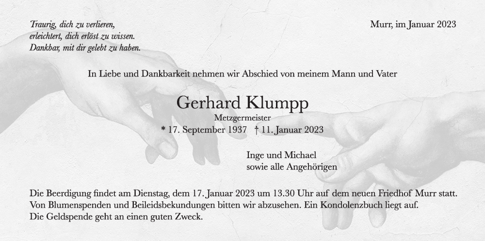  Traueranzeige für Gerhard Klumpp vom 14.01.2023 aus Marbacher Zeitung