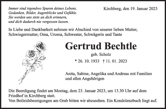 Traueranzeige von Gertrud Bechtle von Marbacher Zeitung