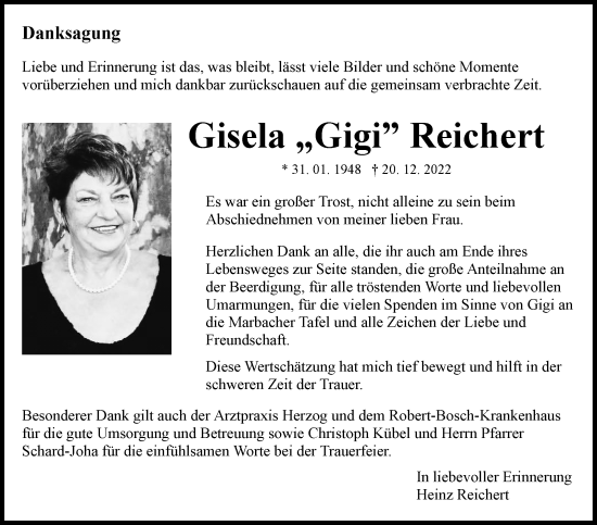 Traueranzeige von Gisela Reichert von Marbacher Zeitung