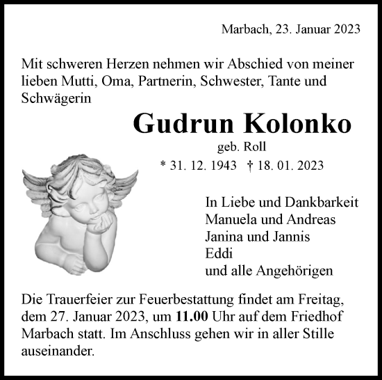 Traueranzeige von Gudrun Kolonko von Marbacher Zeitung