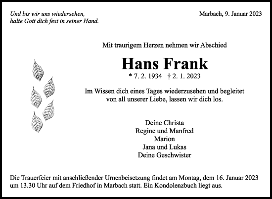 Traueranzeige von Hans Frank von Marbacher Zeitung