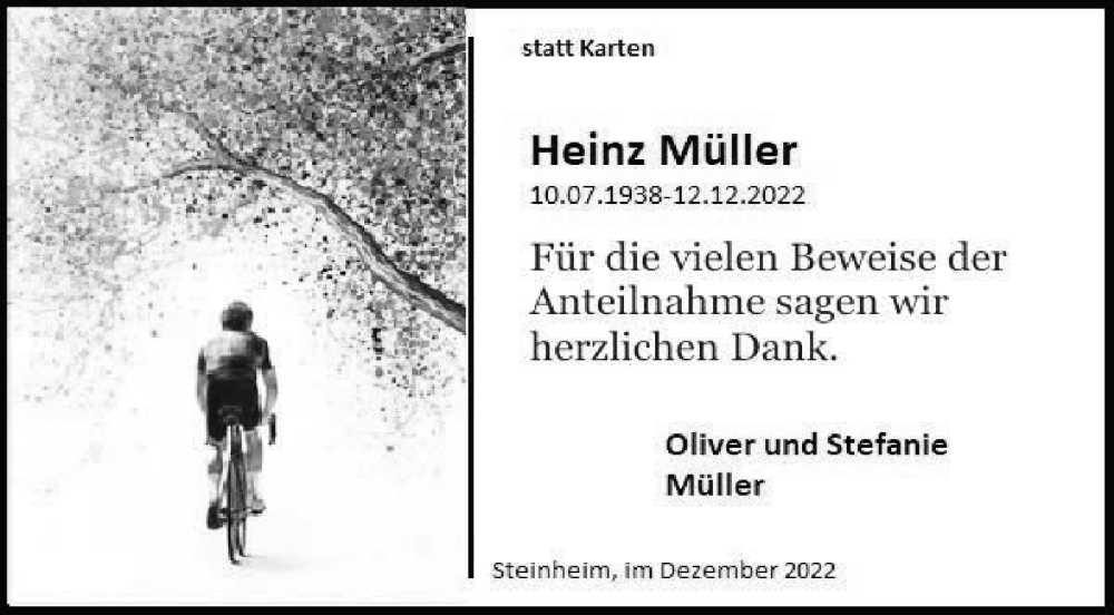  Traueranzeige für Heinz Müller vom 04.01.2023 aus Marbacher Zeitung