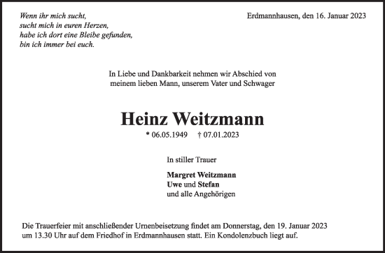 Traueranzeige von Heinz Weitzmann von Marbacher Zeitung