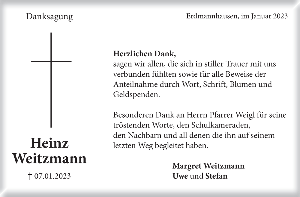  Traueranzeige für Heinz Weitzmann vom 27.01.2023 aus Marbacher Zeitung