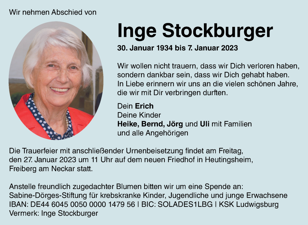  Traueranzeige für Inge Stockburger vom 18.01.2023 aus Marbacher Zeitung